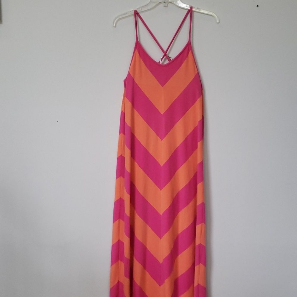 Y2K GAP Chevron Maxi Dress L Knit Pink Orange Hippie Groovy Festival Bohemian